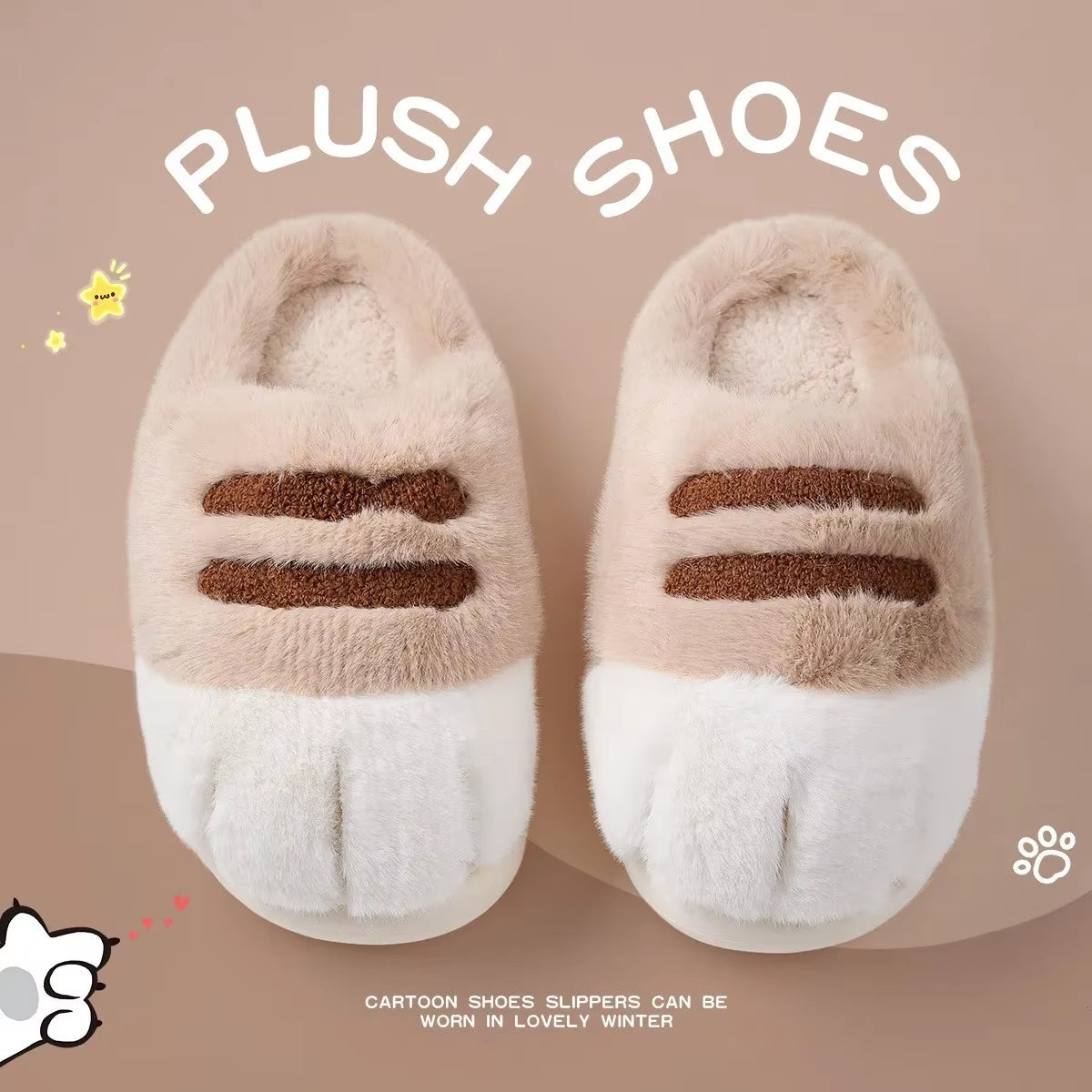 Cozy Winter Cat Paw Slippers for Women - Fuzzy Plush Indoor House Shoes with Cute Claw Design