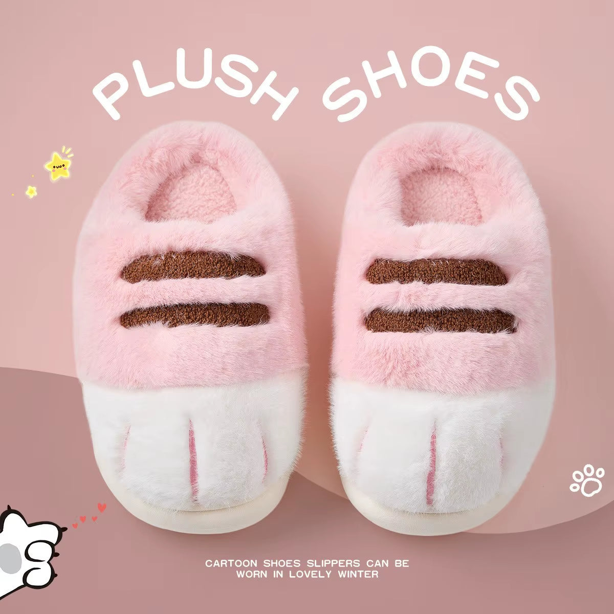 Cozy Winter Cat Paw Slippers for Women - Fuzzy Plush Indoor House Shoes with Cute Claw Design