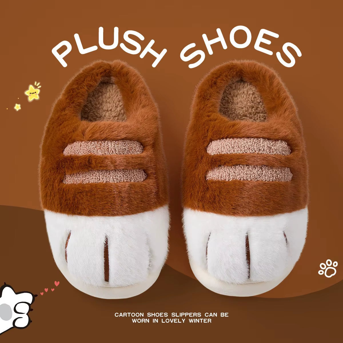 Cozy Winter Cat Paw Slippers for Women - Fuzzy Plush Indoor House Shoes with Cute Claw Design